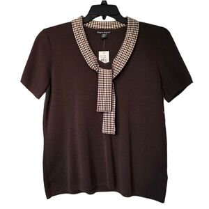 Designers Originals Chocolate Brown Sweater with Houndstooth Collar NWT PXL